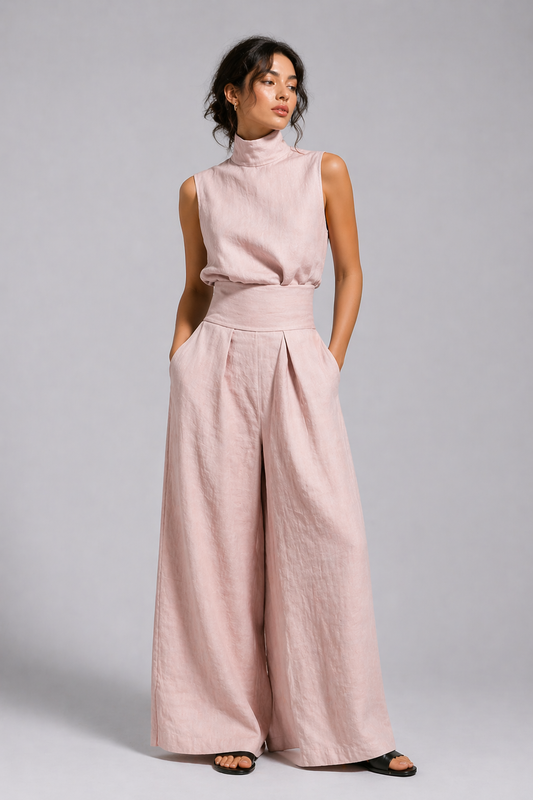 Leinen-Zweiteiler für Damen in lockerer Passform mit weiter Hose und schlichtem Design