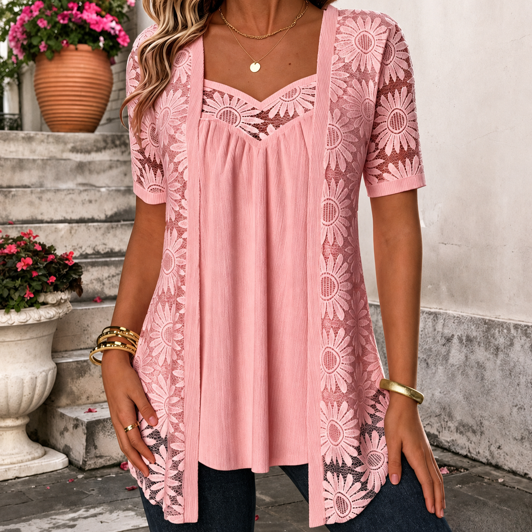 Damen Spitzenbluse Mit Eckigem Ausschnitt Weiß