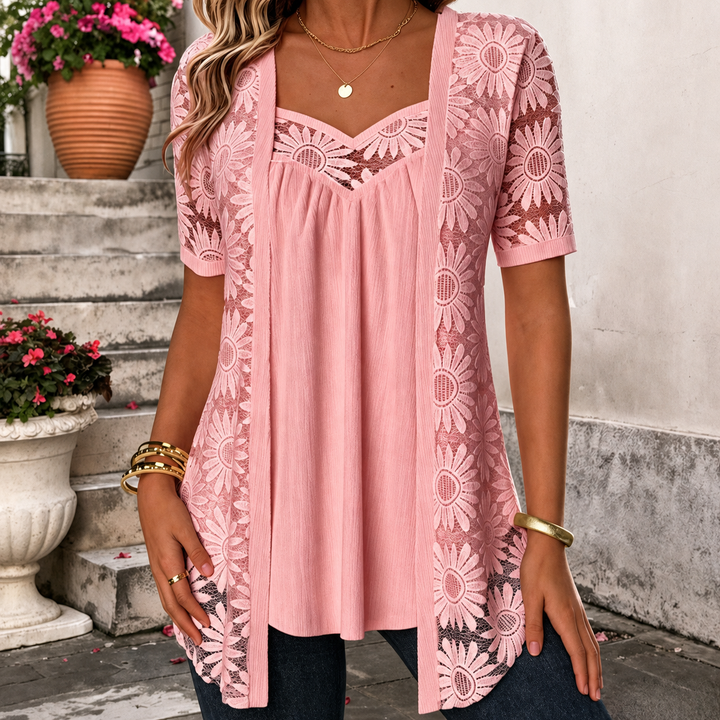 Damen Spitzenbluse Mit Eckigem Ausschnitt Weiß