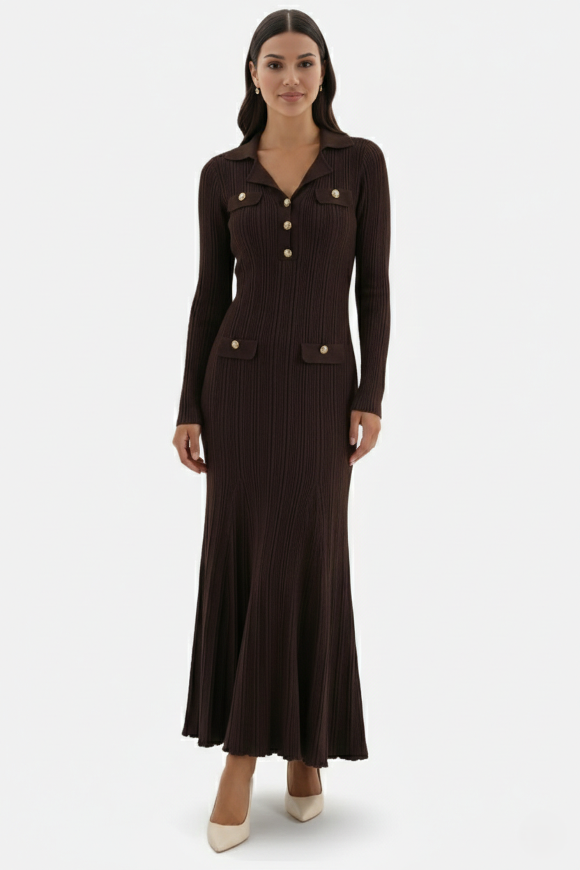 Damen-Strick-Maxikleid mit langen Ärmeln in voller Länge