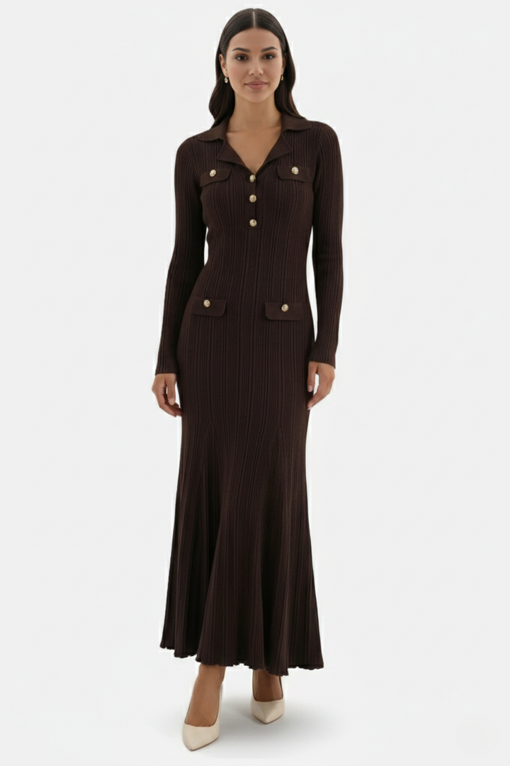 Damen Strick Maxikleid Mit Langen Ärmeln