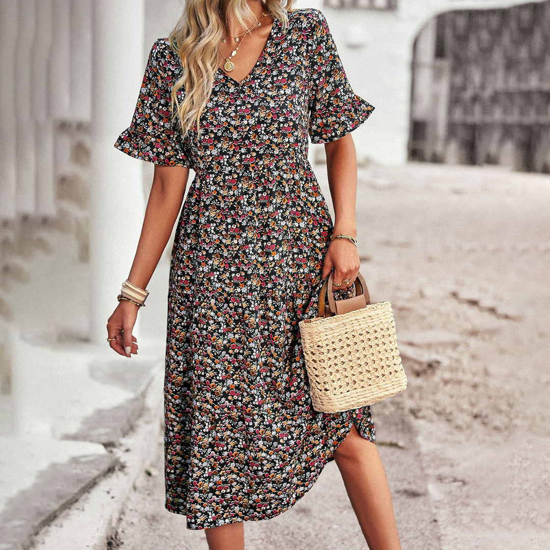 Damen Blumen Sommer Midi Kleid