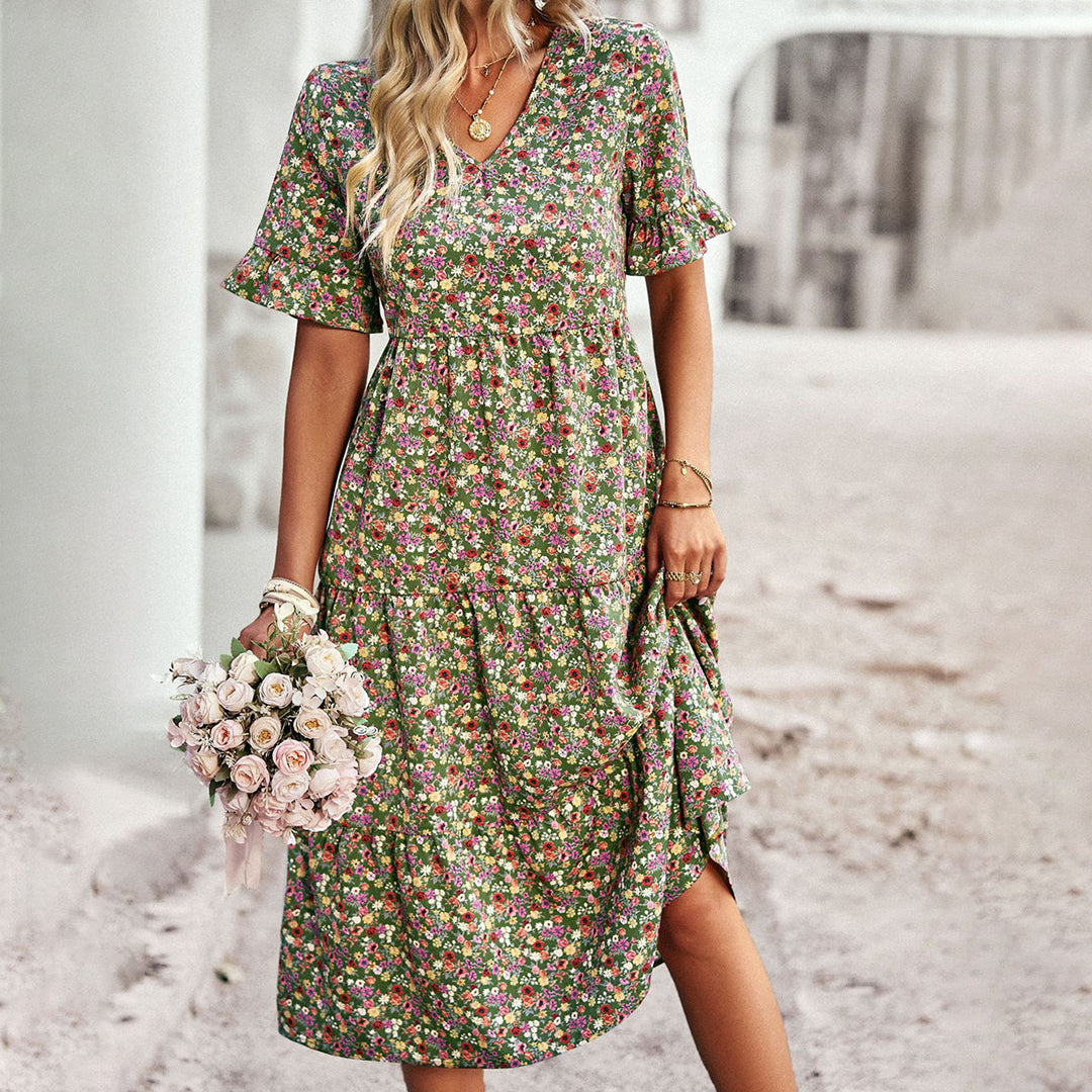 Damen Blumen Sommer Midi Kleid