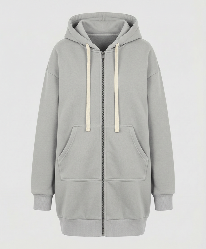 Damen Knielanger Hoodie Mit Kapuze Und Reißverschluss