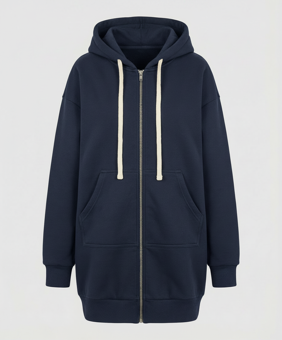 Damen Knielanger Hoodie Mit Kapuze Und Reißverschluss