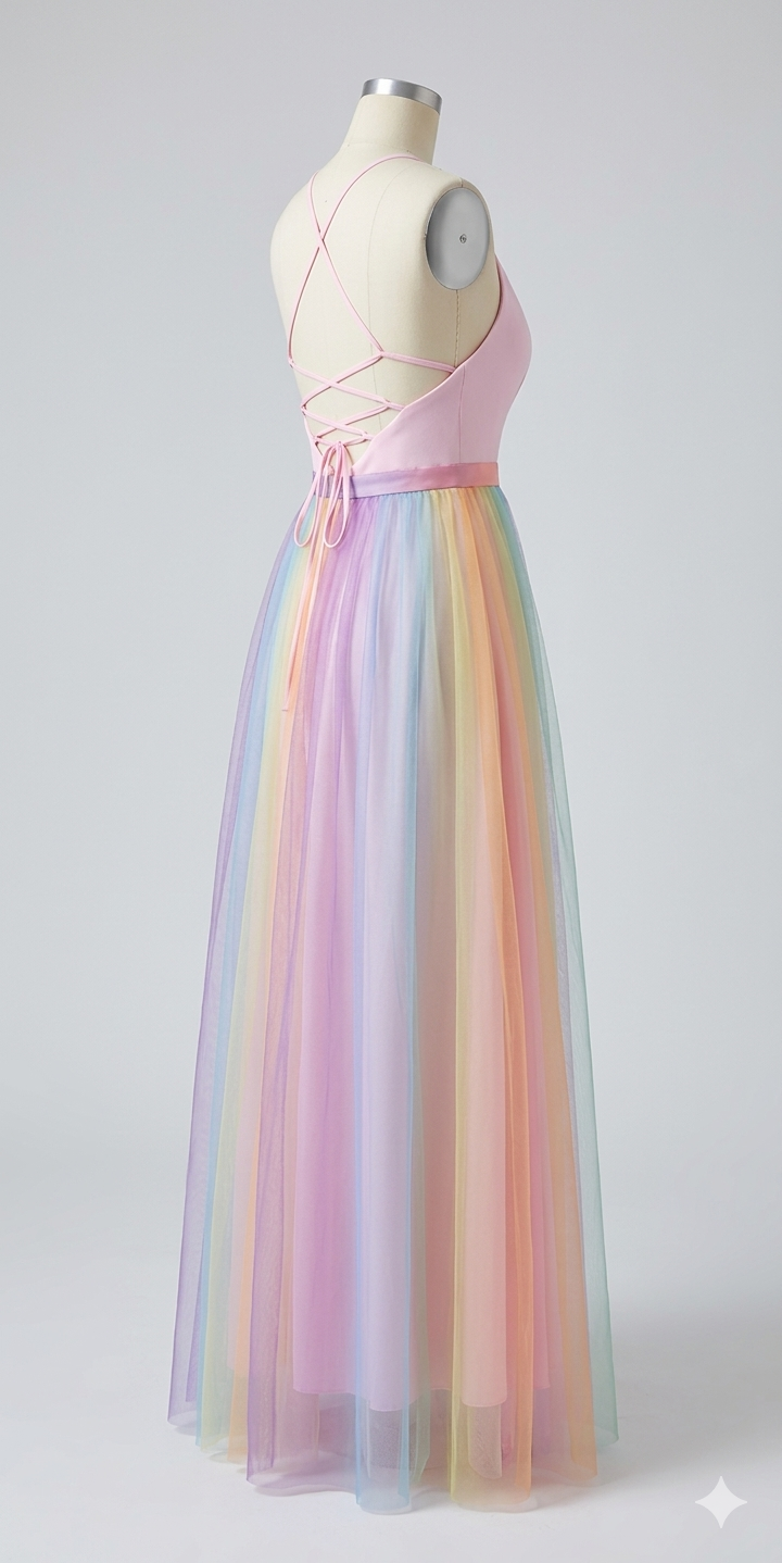 Mehrfarbiges Spaghettiträgerkleid für Damen mit buntem Regenbogen-Print