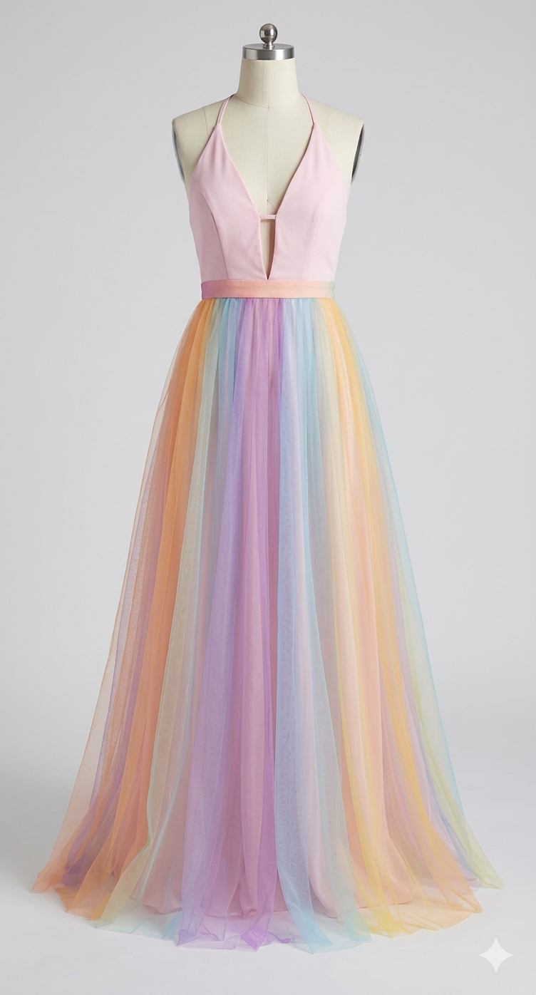 Damen Sommerkleid mit Regenbogen-Print und Spaghettiträgern, Detailansicht