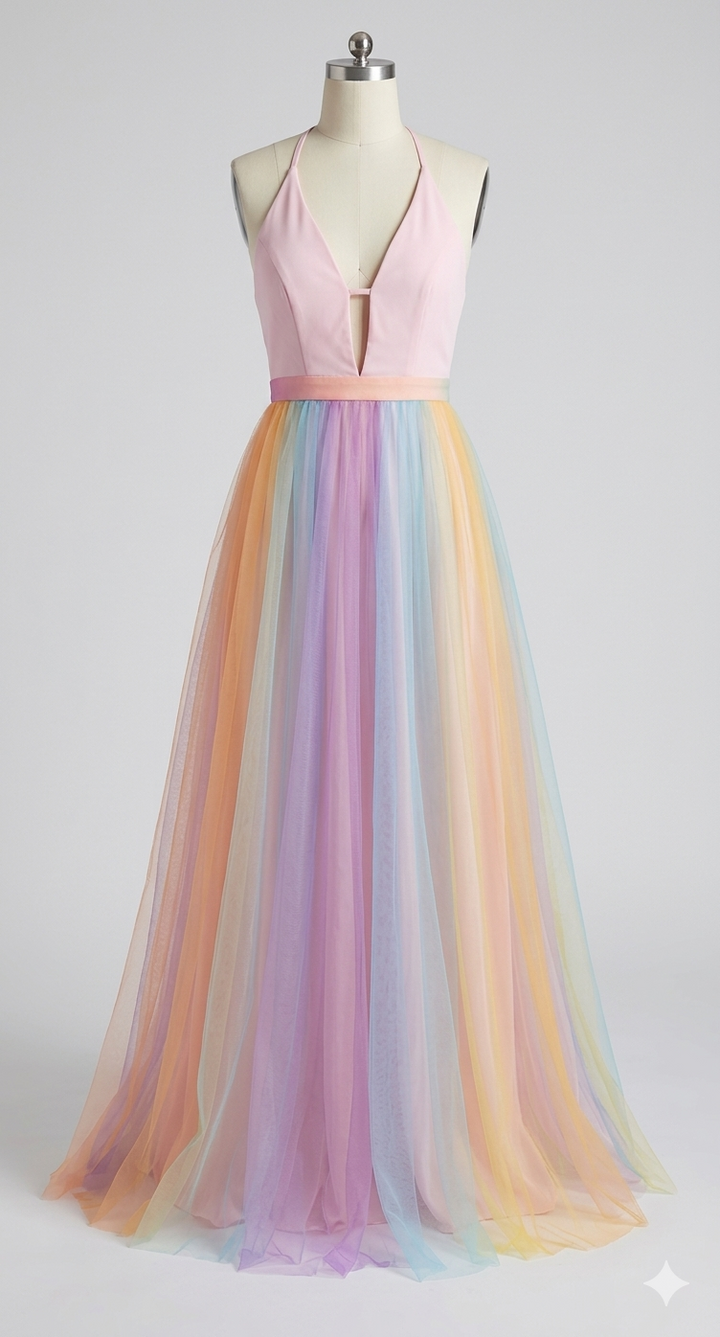 Damen Sommerkleid mit Regenbogen-Print und Spaghettiträgern, Detailansicht
