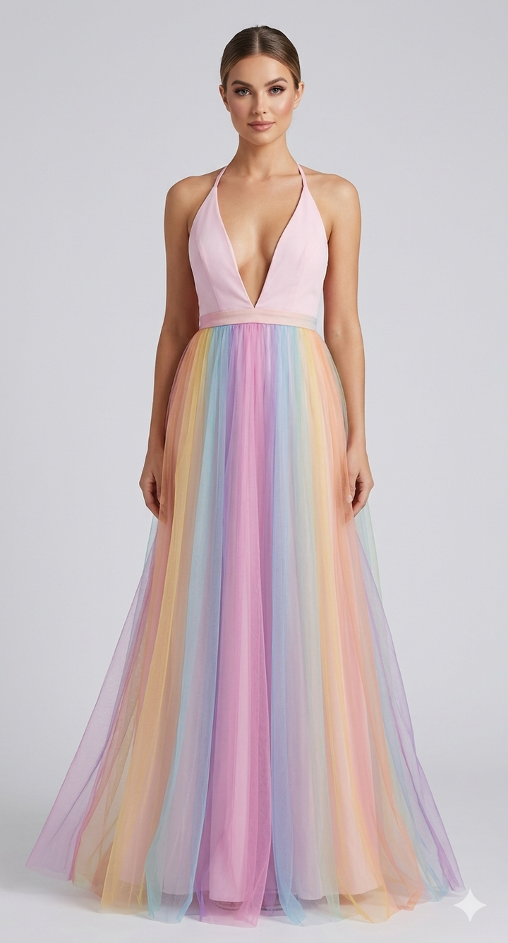 Mehrfarbiges Damenkleid mit Regenbogenmuster, lockere Passform