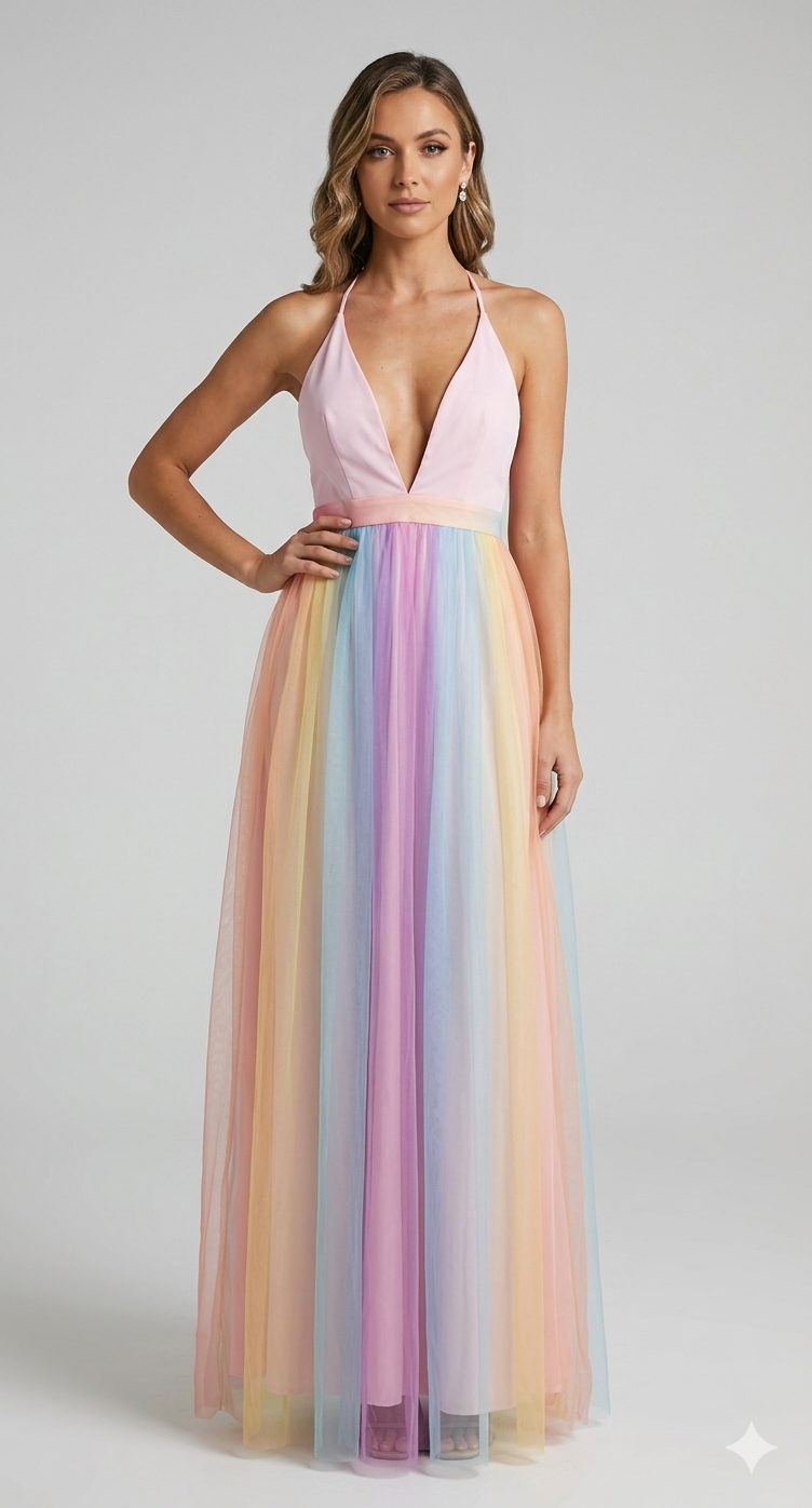 Buntes Damen Spaghettiträger Kleid mit Regenbogen-Print, Rückansicht