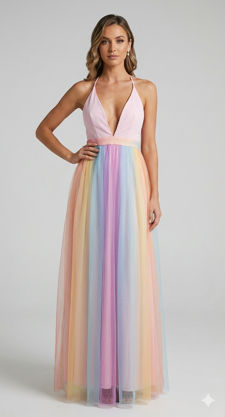 Buntes Damen Spaghettiträger Kleid mit Regenbogen-Print, Rückansicht