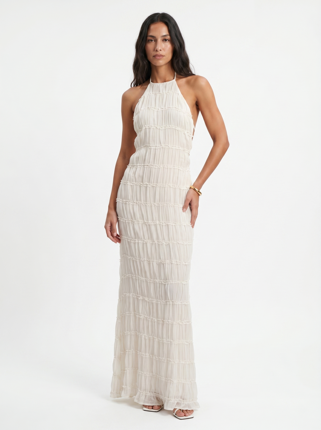 Damen Maxikleid Mit Volants Und Neckholder