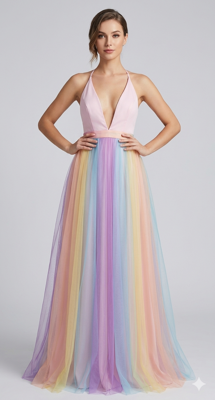 Damen Kleid mit Regenbogen-Print und schmalen Trägern in mehrfarbigem Design