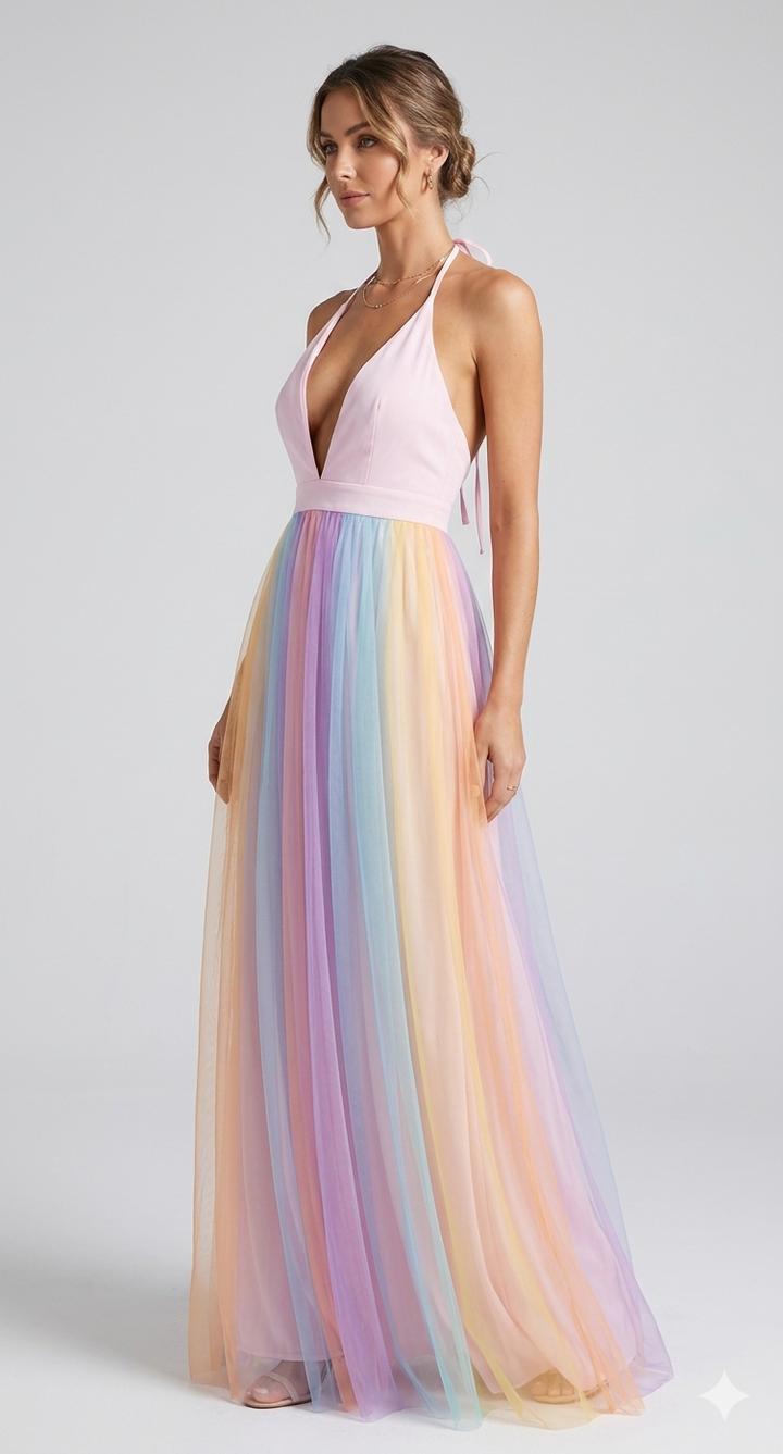 Damen Kleid in Mehrfarbig mit Regenbogen-Print und feinen Spaghettiträgern