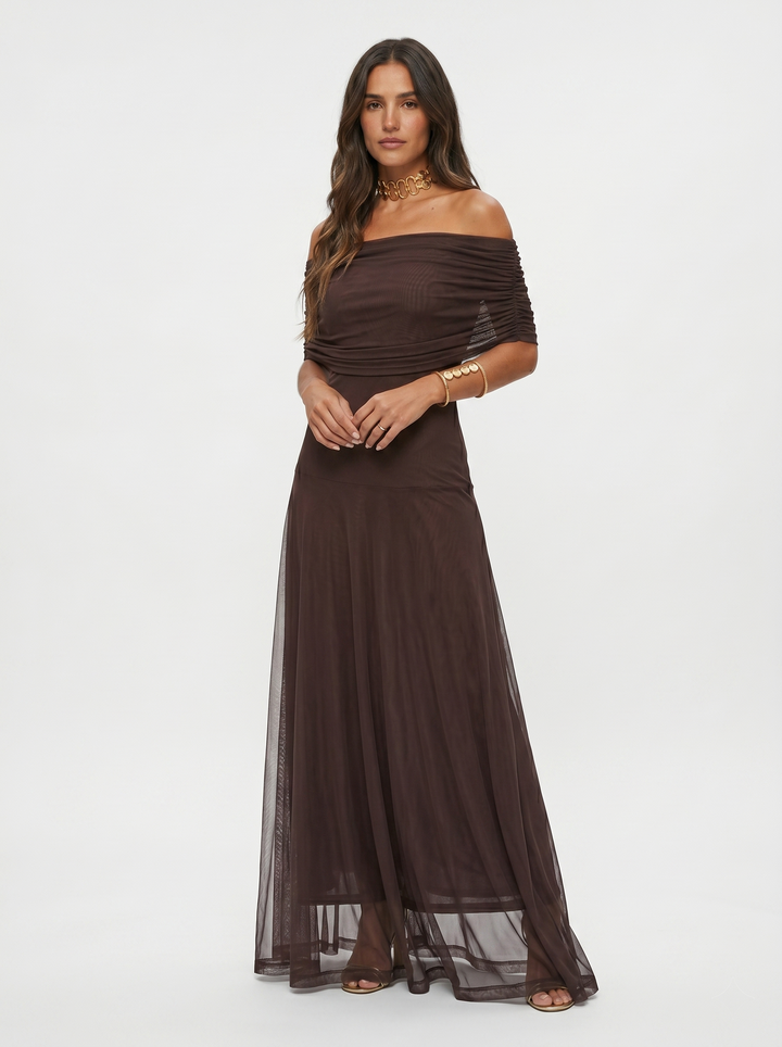 Damen Maxikleid Mit Bardot Ausschnitt Und Drapierung