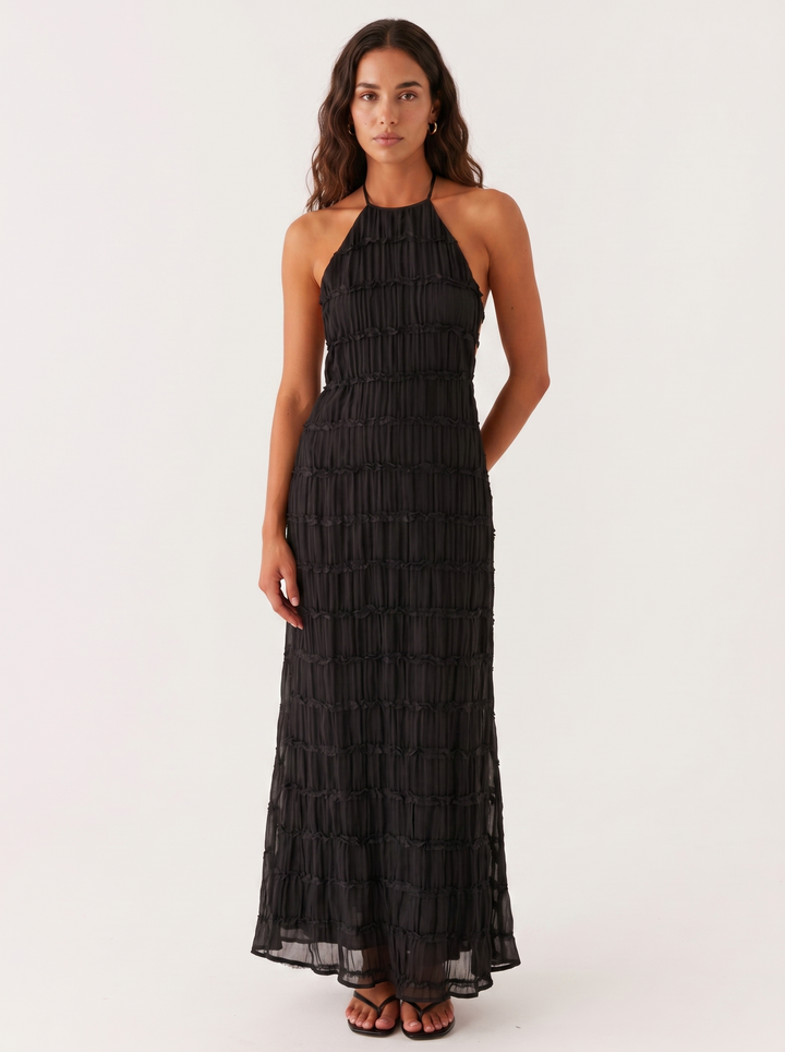 Damen Maxikleid Mit Volants Und Neckholder