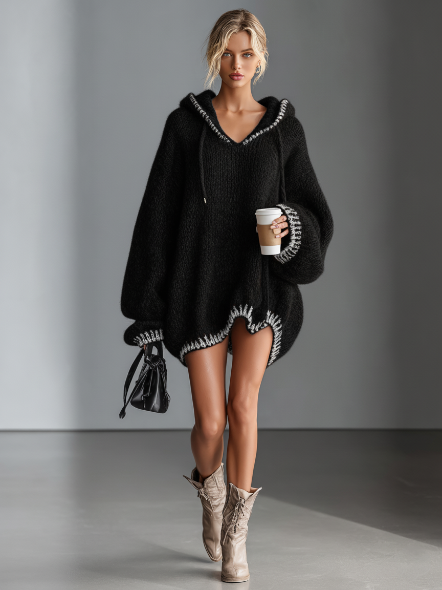 Damen-Strick-Minikleid mit Kapuze für lässige Freizeitlooks