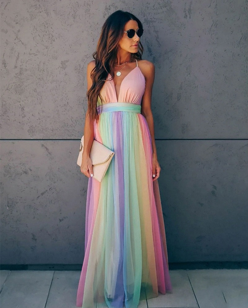 Damen Spaghettiträger Kleid mit Regenbogen-Print in Mehrfarbig, Vorderansicht