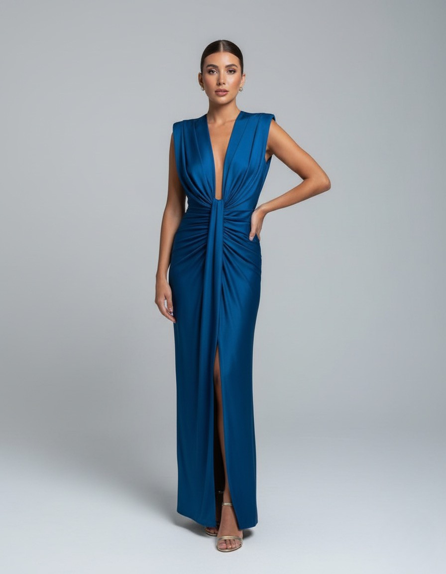 Damen-Maxikleid mit tiefem V-Ausschnitt und langem Schnitt