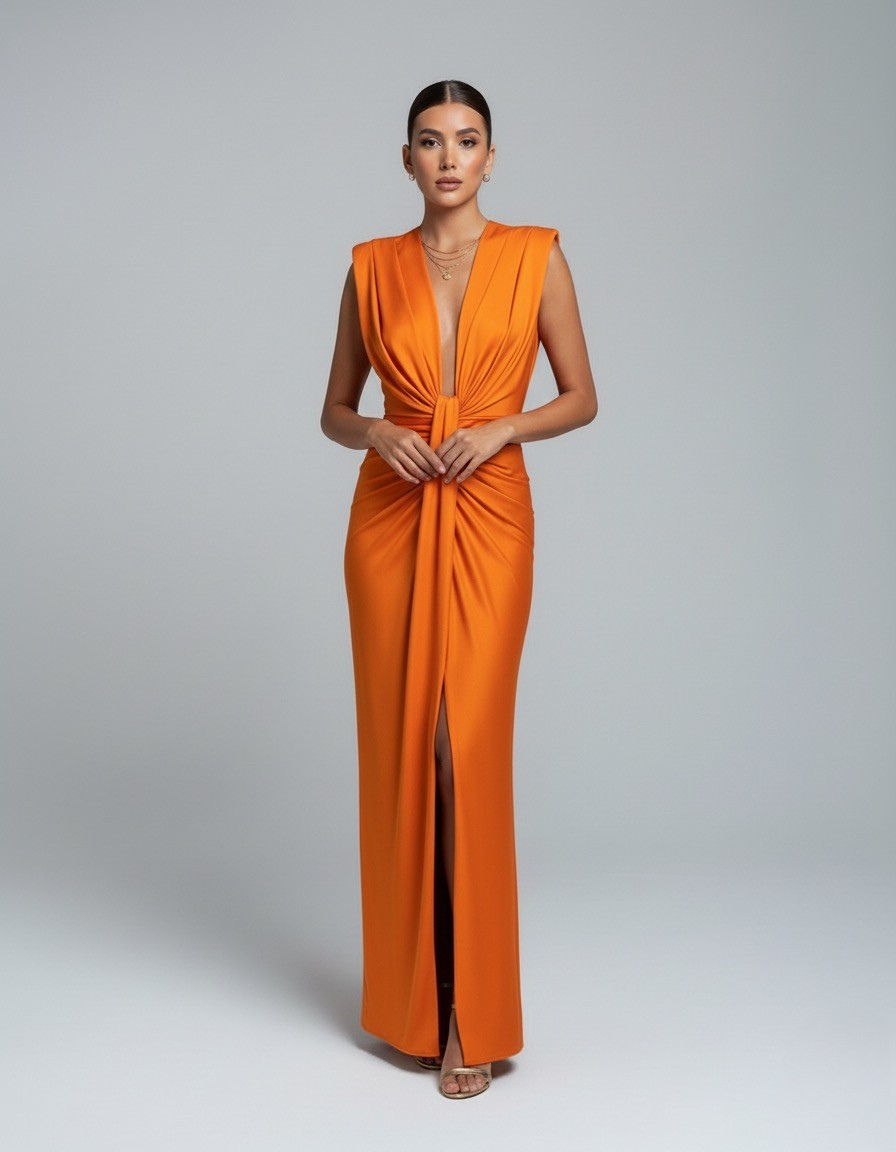 Detailansicht des tiefen V-Ausschnitts am Damen-Maxikleid