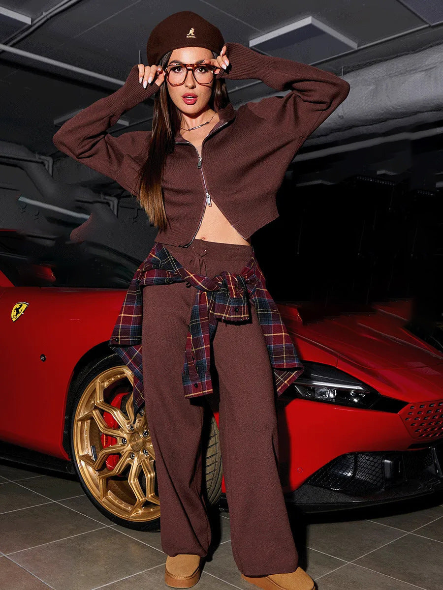Women's Knitted Two-Piece Set With Zip Cardigan And Wide-Leg High-Waist Trousers
