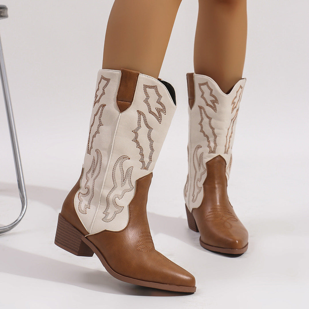 Cowboystiefel für Damen mit spitzer Zehenkappe und Blockabsatz