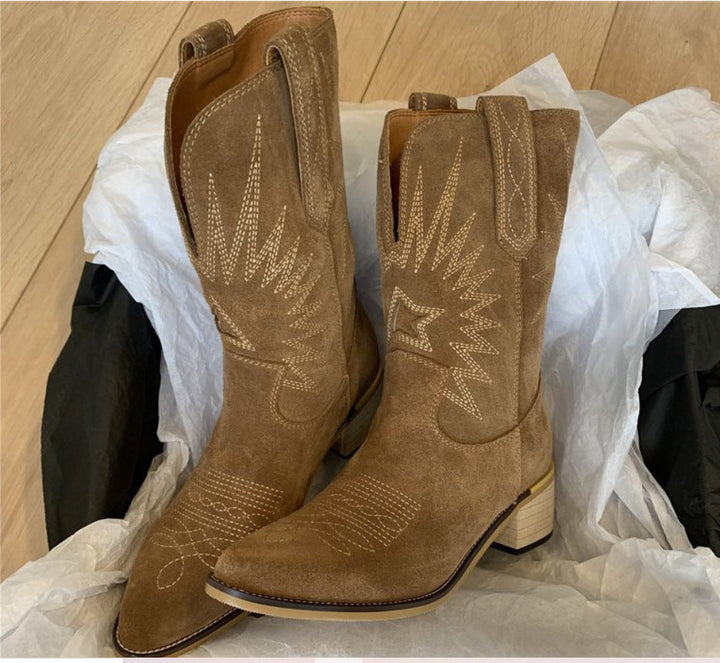 Women's Suede Western Boots With Pointed Toe And Block Heel