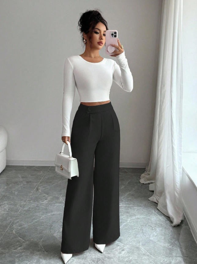 Damen Weite Hose Mit Hoher Taille Und Knopfdetail