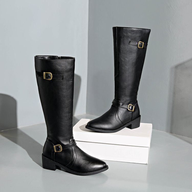 Damen kniehohe Reitstiefel mit dekorativen Schnallen und ergonomischem Blockabsatz