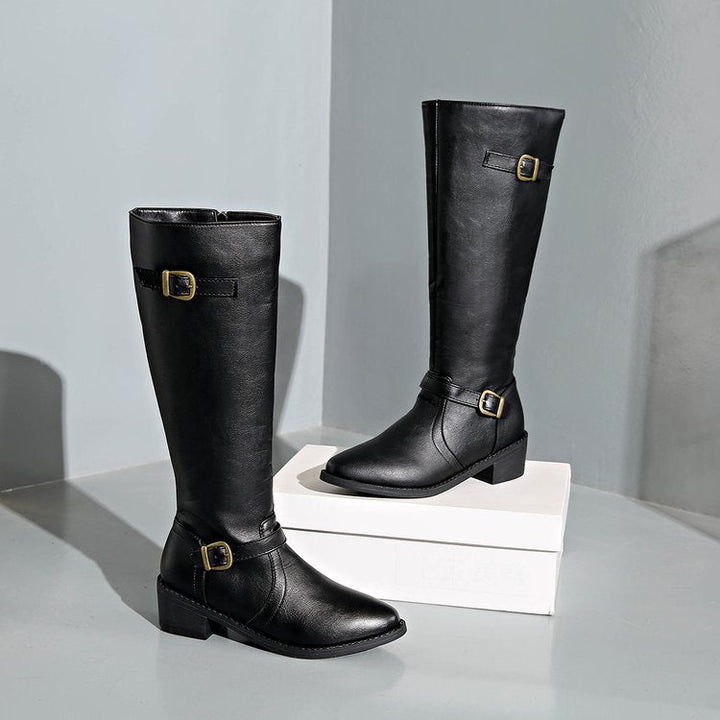 Damen kniehohe Reitstiefel mit dekorativen Schnallen und ergonomischem Blockabsatz