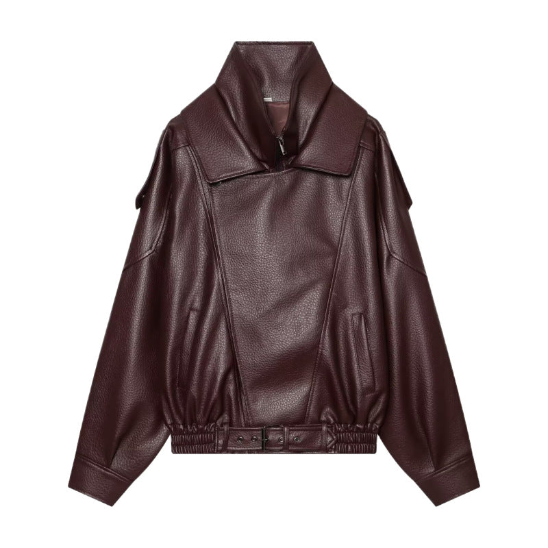 Women's Faux Leather Jacket With Stand-Up Collar