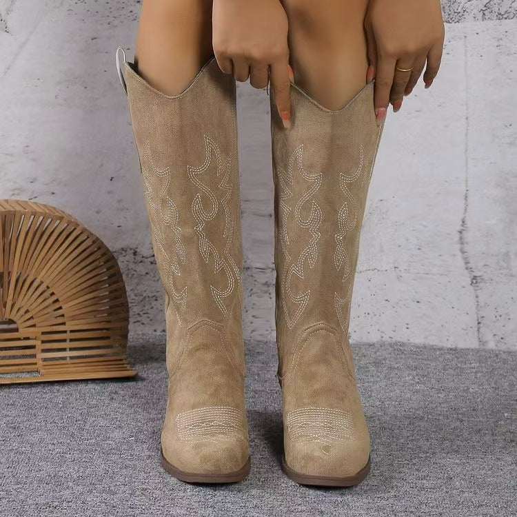 Women's Western Style Knee High Boots with Block Heel Suede Look