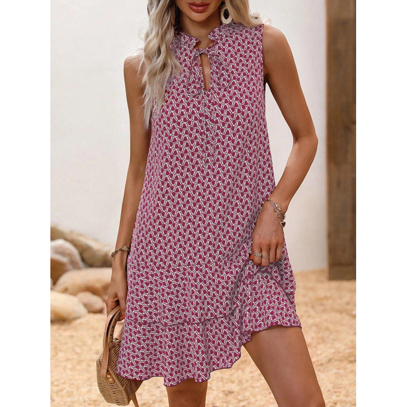 Damen Midikleid mit geometrischem Muster und Schleife in der Rückenansicht