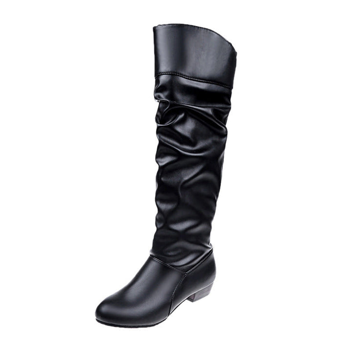 Vorderansicht eleganter knielanger Damenstiefel mit Blockabsatz