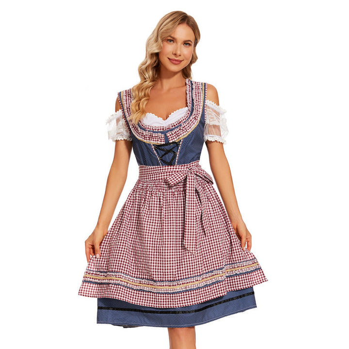 Damen-Dirndlkleid mit karierter Schürze und Spitzenärmeln in der Gesamtansicht