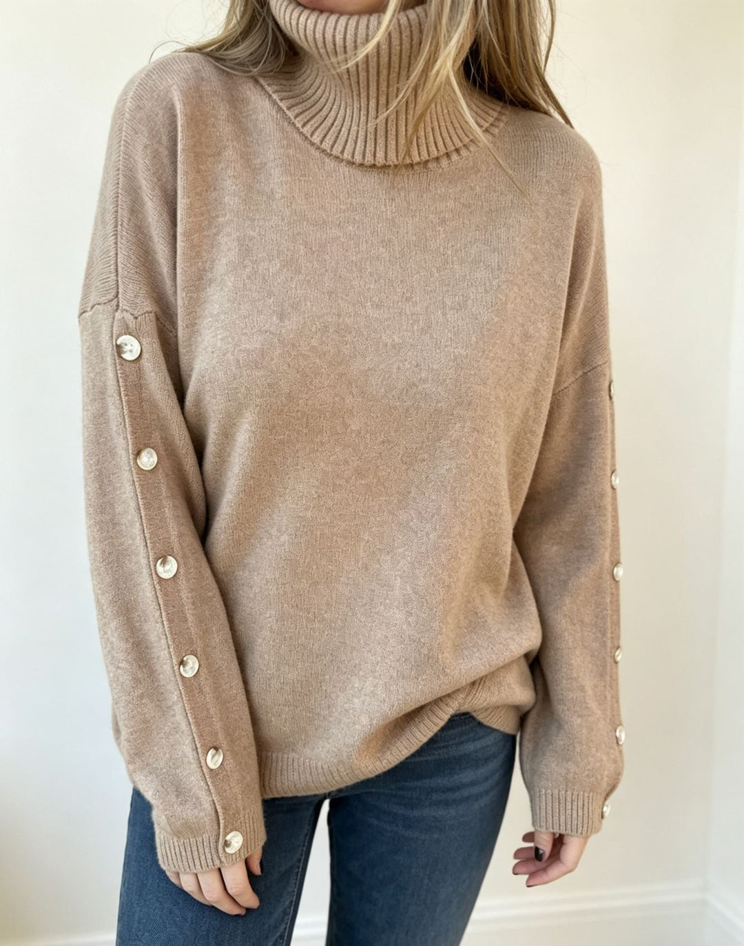 Women's Oversized Turtleneck Sweater With Button Details