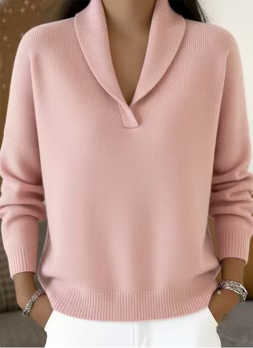 Women's Knit Sweater With V-Neck And Collar