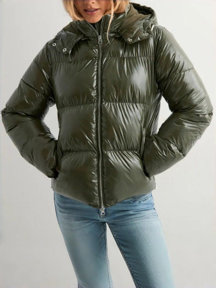 Damen Glänzende Daunenjacke Mit Kapuze