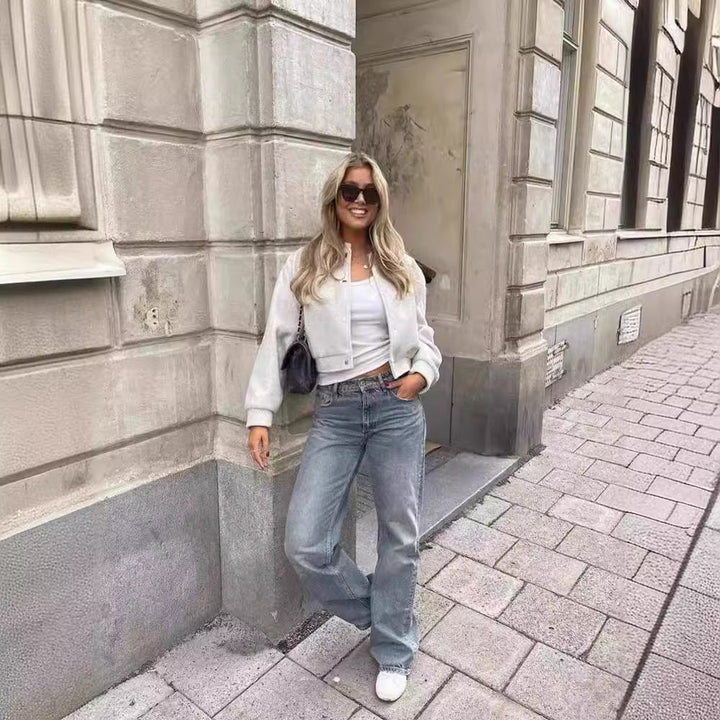 Damen-Cropped-Jacke mit geschlossenem Druckknopfverschluss
