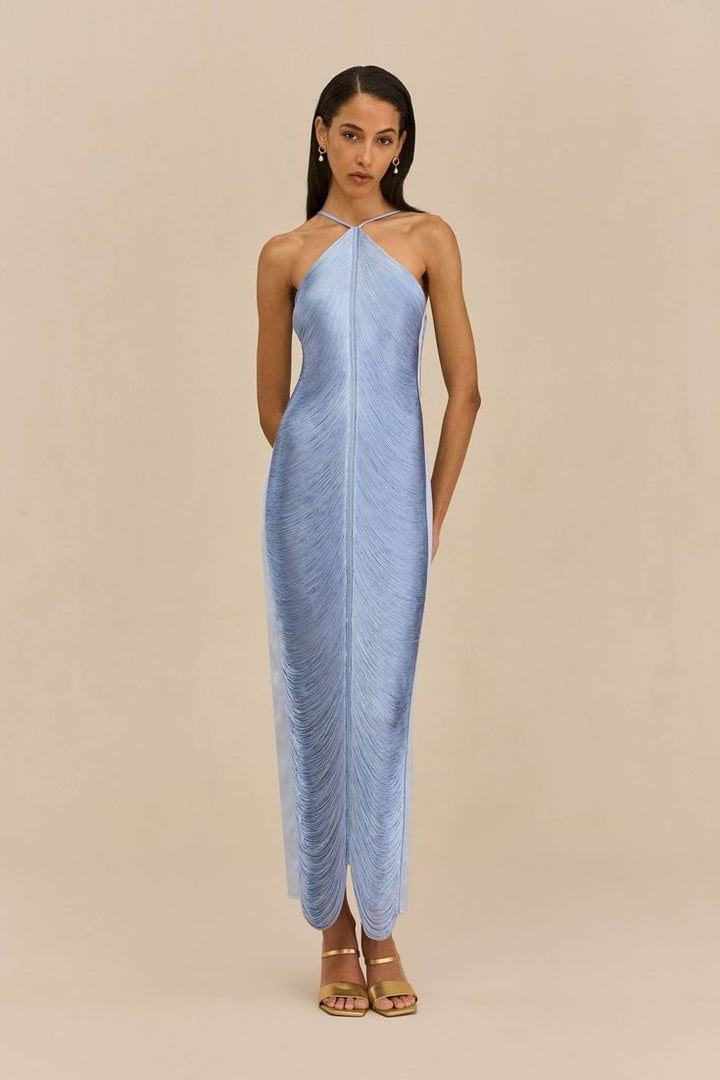 Elegantes Damenlangkleid mit anspruchsvollem Kragen und Schlitz