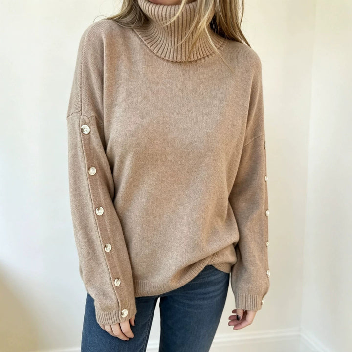 Damen Oversize Rollkragenpullover mit hohem Rollkragen und Knopfdetails