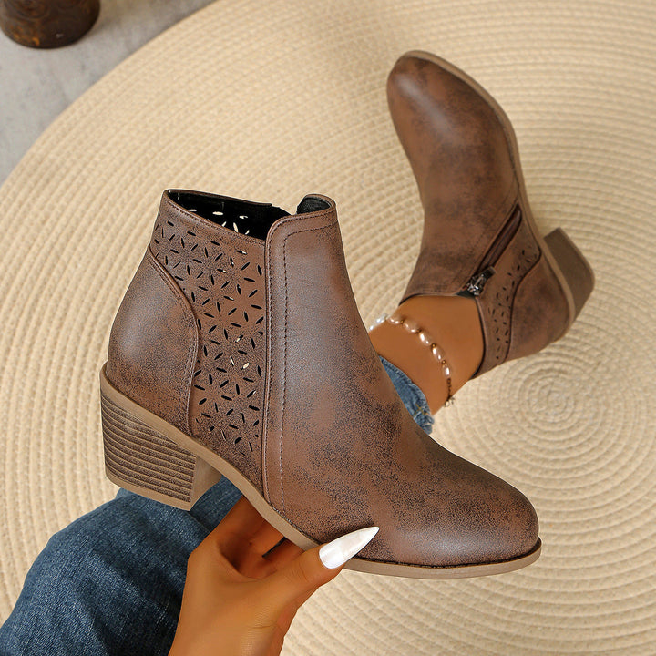 Women's Ankle Boot with Laser Cut and Block Heel