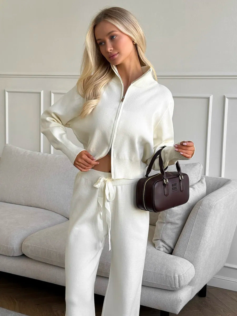 Women's Knitted Two-Piece Set With Zip Cardigan And Wide-Leg High-Waist Trousers