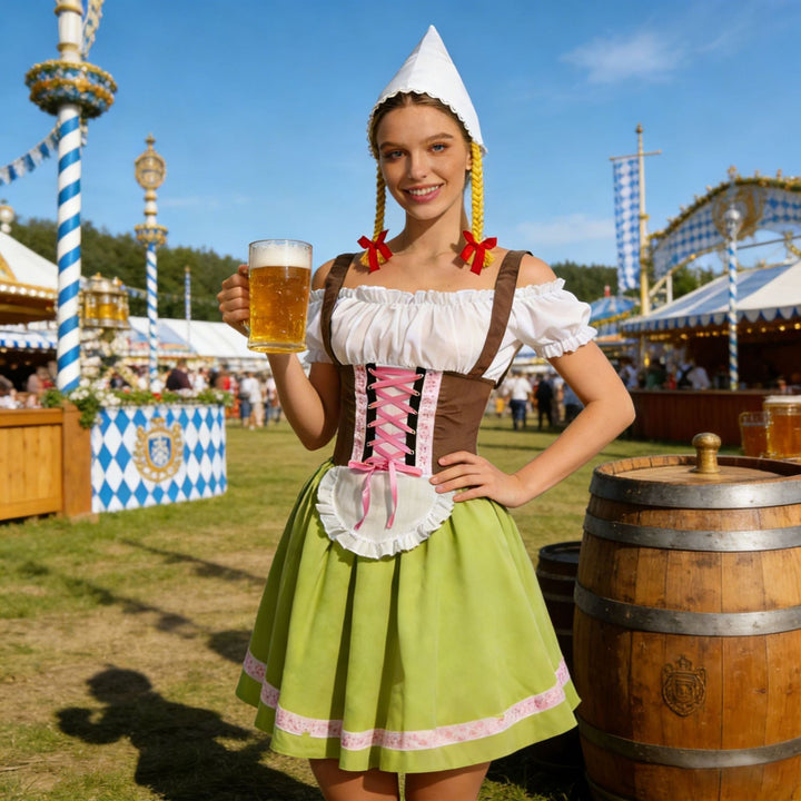 Damen-Dirndl-Kostüm mit Schnürung, Schürze und spitzem Kopftuch