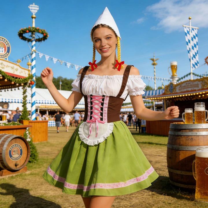 Damen-Dirndl mit dekorativer Schnürung am Oberteil und passender Schürze