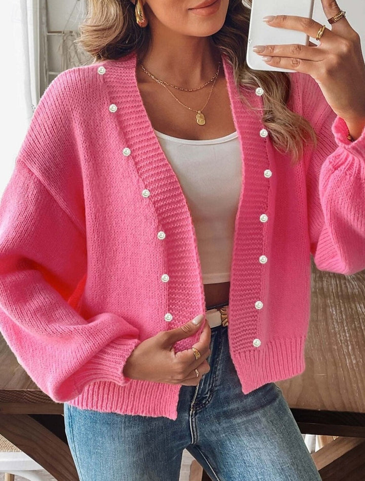 Women's Knitted Cardigan with Pearl Buttons and Balloon Sleeves