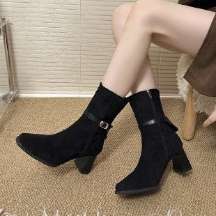Women's Ankle Boots in Suede Look with Lace and Block Heel