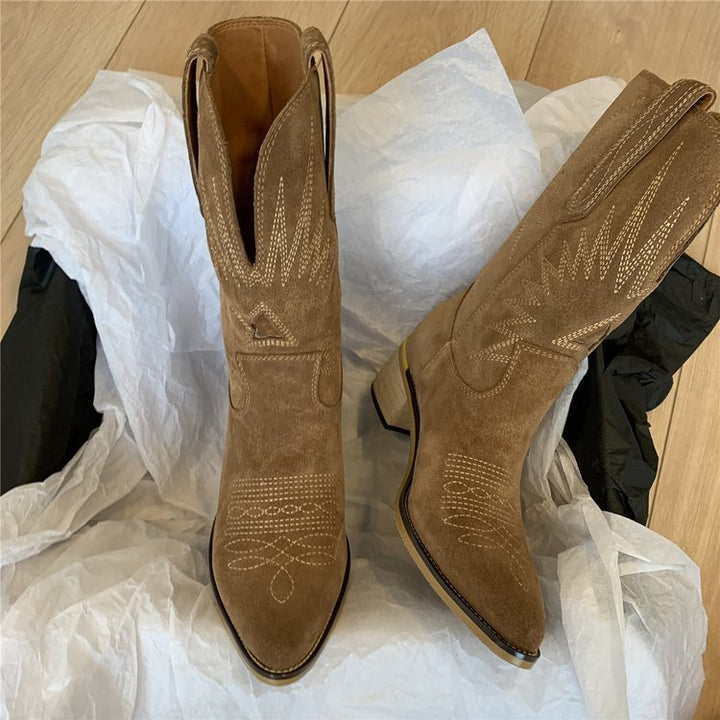 Damen-Wildlederstiefel im Westernstil mit spitzer Kappe und mittelhohem Blockabsatz