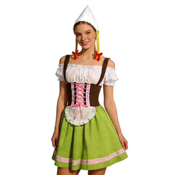 Damen-Dirndl-Kostüm mit spitzem Kopftuch im traditionellen Stil