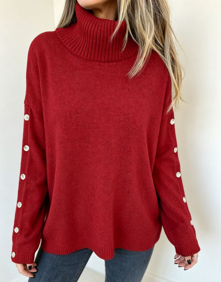 Women's Oversized Turtleneck Sweater With Button Details